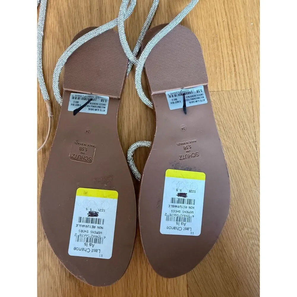 SCHUTZ Glam Kittie Crystal Caramel Ankle‑Wrap Sandals Size 5.5 NWOB